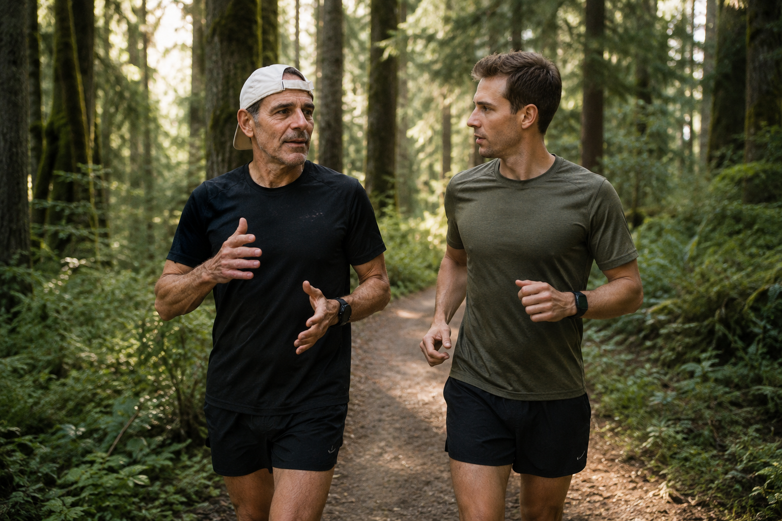 Coach Stéphane Boss trail running through old-growth forest in the Pacific Northwest